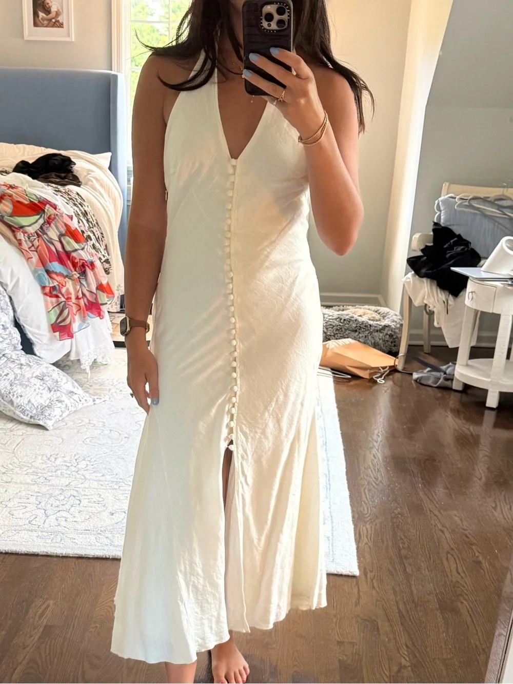 cult gaia ivory halter button-front midi dress linen with wrapped buttons - Picture 2 of 12